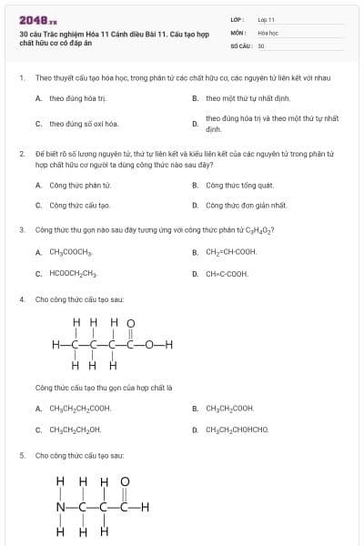 30 câu Trắc nghiệm Hóa 11 Cánh diều Bài 11. Cấu tạo hợp chất hữu cơ có đáp án