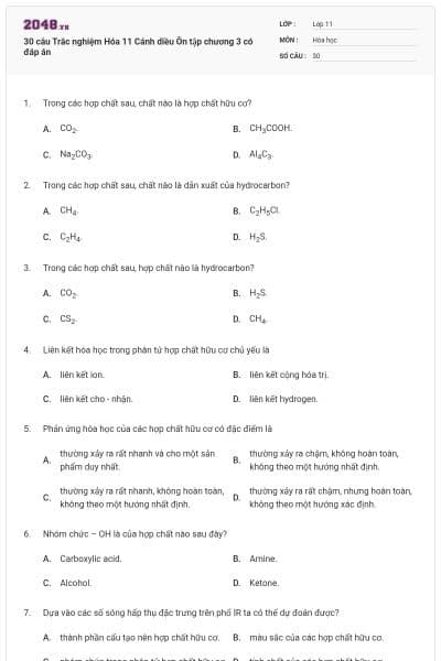 30 câu Trắc nghiệm Hóa 11 Cánh diều Ôn tập chương 3 có đáp án