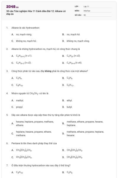 30 câu Trắc nghiệm Hóa 11 Cánh diều Bài 12: Alkane có đáp án