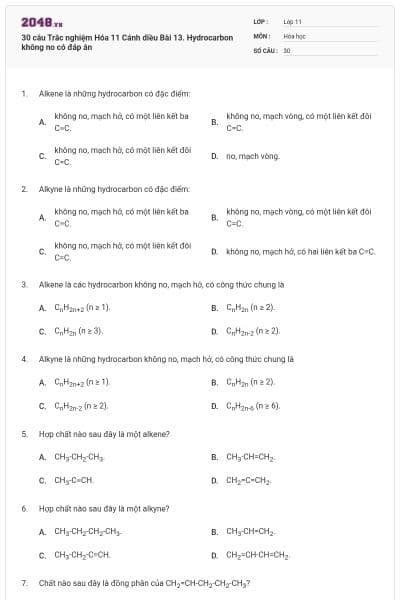 30 câu Trắc nghiệm Hóa 11 Cánh diều Bài 13. Hydrocarbon không no có đáp án