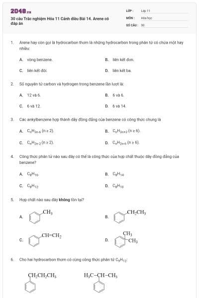 30 câu Trắc nghiệm Hóa 11 Cánh diều Bài 14. Arene có đáp án