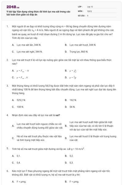 9 bài tập Vận dụng công thức để tính lực ma sát trong các bài toán đơn giản có đáp án