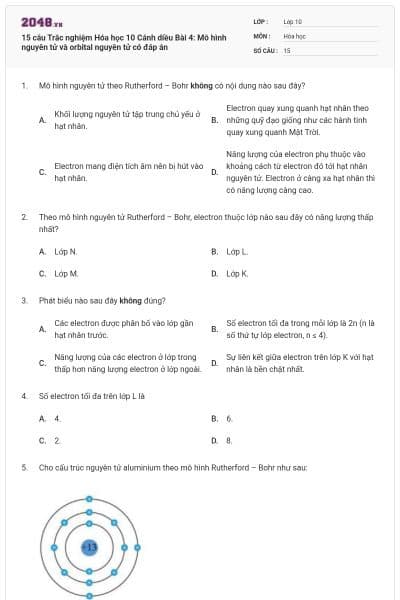 15 câu Trắc nghiệm Hóa học 10 Cánh diều Bài 4: Mô hình nguyên tử và orbital nguyên tử có đáp án