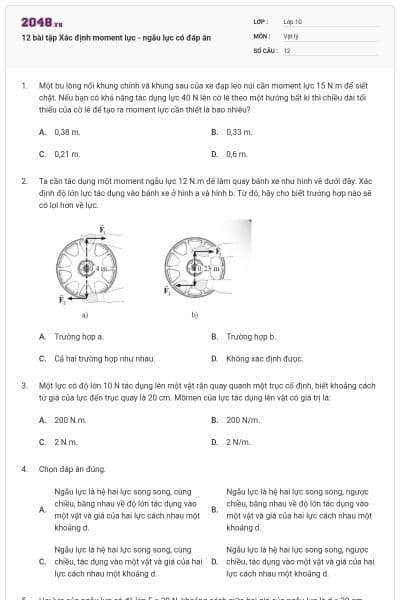 12 bài tập Xác định moment lực - ngẫu lực có đáp án