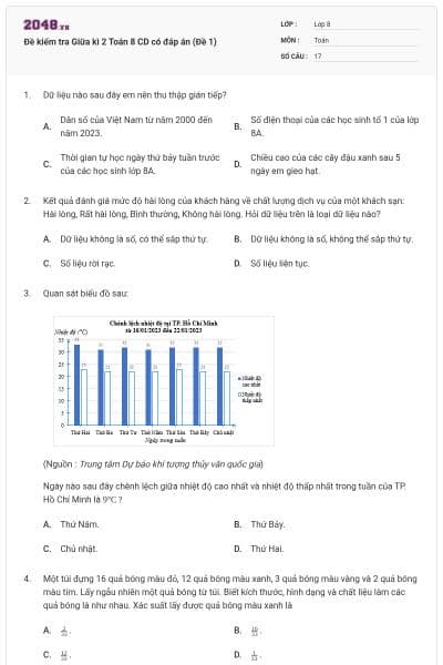 Đề kiểm tra Giữa kì 2 Toán 8 CD có đáp án (Đề 1)