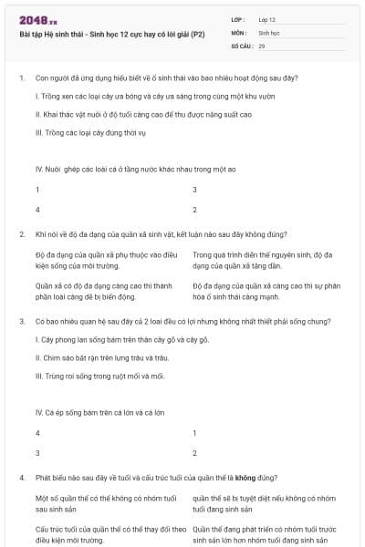Bài tập Hệ sinh thái - Sinh học 12 cực hay có lời giải (P2)