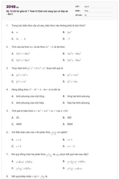 Bộ 10 đề thi giữa kì 1 Toán 8 Chân trời sáng tạo có đáp án - Đề 2