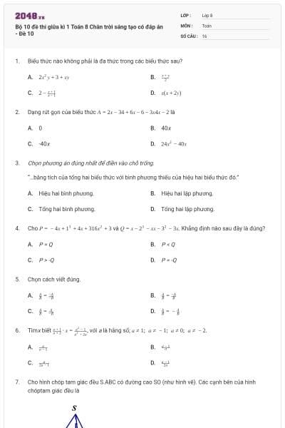 Bộ 10 đề thi giữa kì 1 Toán 8 Chân trời sáng tạo có đáp án - Đề 10