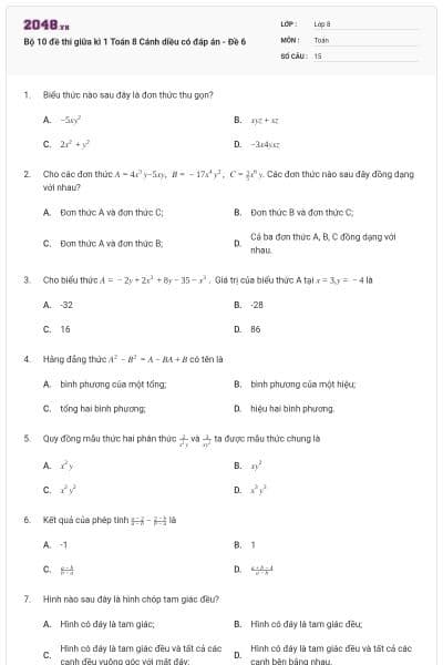 Bộ 10 đề thi giữa kì 1 Toán 8 Cánh diều có đáp án - Đề 6