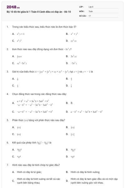 Bộ 10 đề thi giữa kì 1 Toán 8 Cánh diều có đáp án - Đề 10