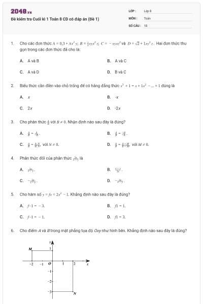 Đề kiểm tra Cuối kì 1 Toán 8 CD có đáp án (Đề 1)