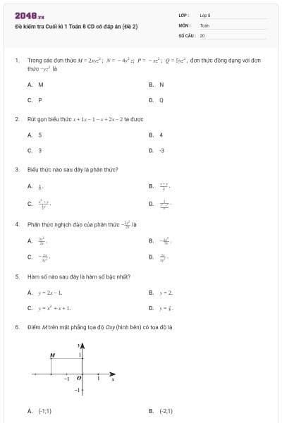 Đề kiểm tra Cuối kì 1 Toán 8 CD có đáp án (Đề 2)