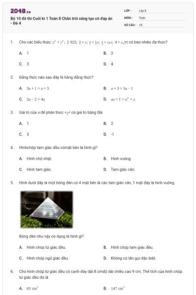 Bộ 10 đề thi Cuối kì 1 Toán 8 Chân trời sáng tạo có đáp án - Đề 4