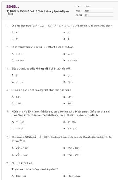 Bộ 10 đề thi Cuối kì 1 Toán 8 Chân trời sáng tạo có đáp án - Đề 8