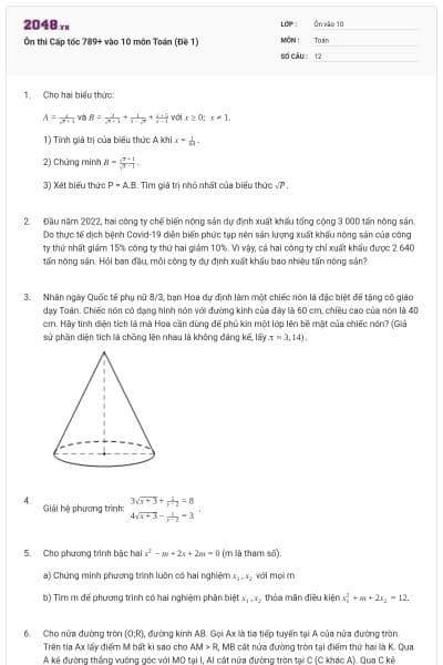 Ôn thi Cấp tốc 789+ vào 10 môn Toán (Đề 1)