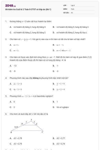 Đề kiểm tra Cuối kì 2 Toán 8 CTST có đáp án (Đề 1)