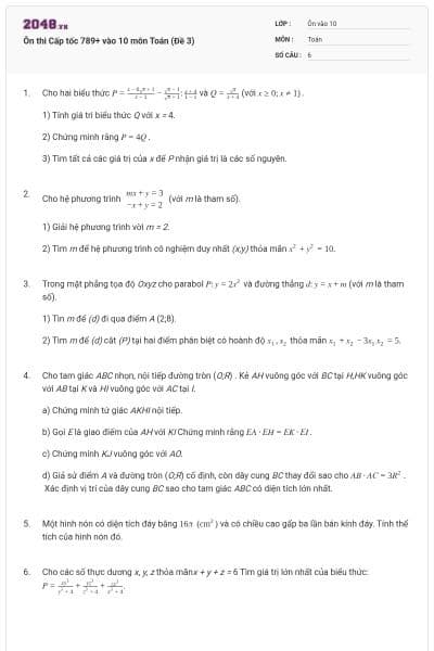 Ôn thi Cấp tốc 789+ vào 10 môn Toán (Đề 3)