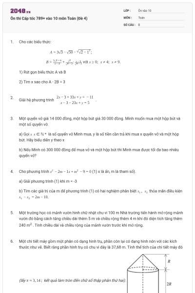 Ôn thi Cấp tốc 789+ vào 10 môn Toán (Đề 4)