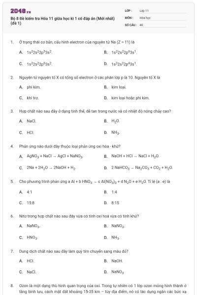 Bộ 8 Đề kiểm tra Hóa 11 giữa học kì 1 có đáp án (Mới nhất) (đề 1)