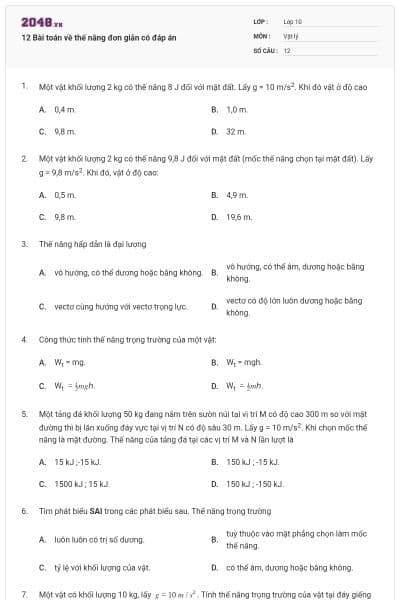 12 Bài toán về thế năng đơn giản có đáp án