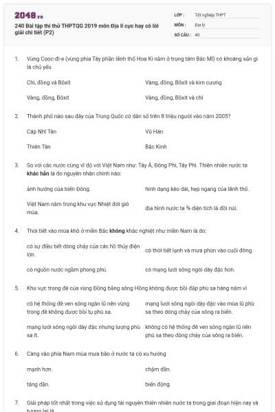 240 Bài tập thi thử THPTQG 2019 môn Địa lí cực hay có lời giải chi tiết (P2)