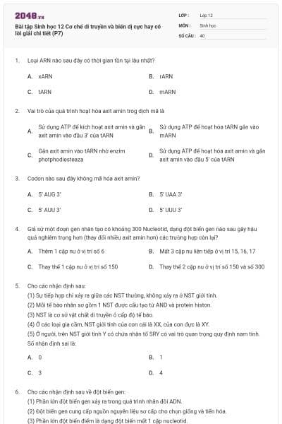 Bài tập Sinh học 12 Cơ chế di truyền và biến dị cực hay có lời giải chi tiết (P7)