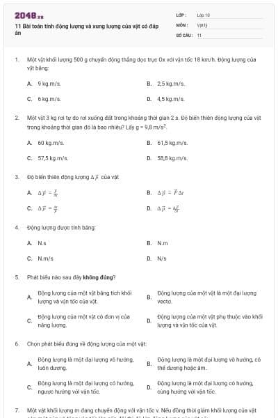11 Bài toán tính động lượng và xung lượng của vật có đáp án