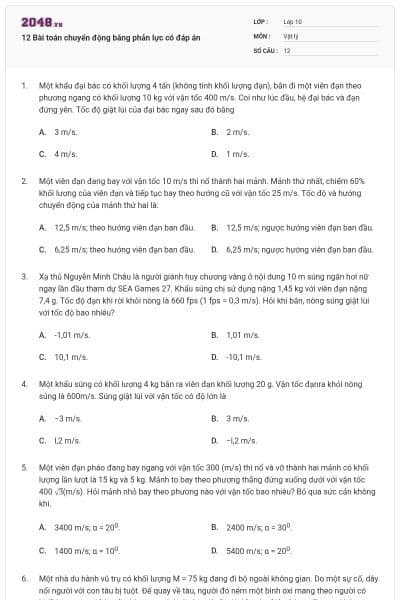 12 Bài toán chuyển động bằng phản lực có đáp án
