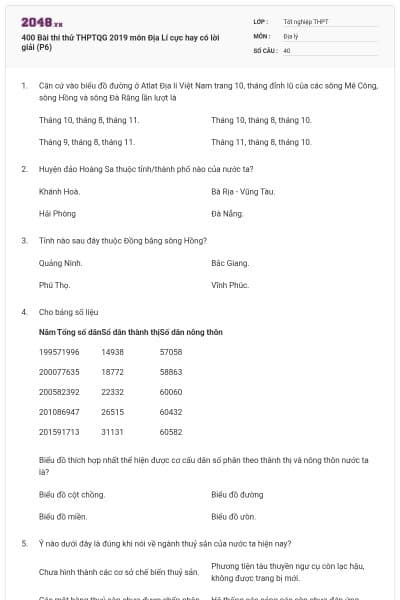 400 Bài thi thử THPTQG 2019 môn Địa Lí cực hay có lời giải (P6)
