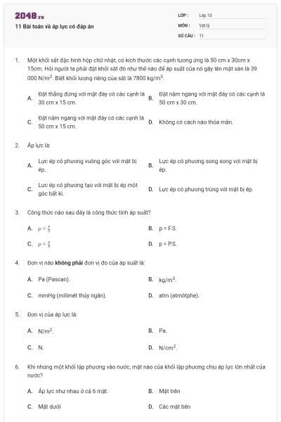 11 Bài toán về áp lực có đáp án