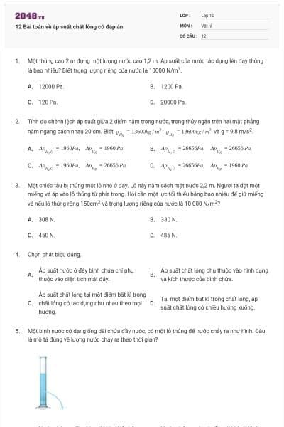 12 Bài toán về áp suất chất lỏng có đáp án