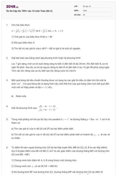 Ôn thi Cấp tốc 789+ vào 10 môn Toán (Đề 2)
