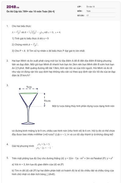 Ôn thi Cấp tốc 789+ vào 10 môn Toán (Đề 4)