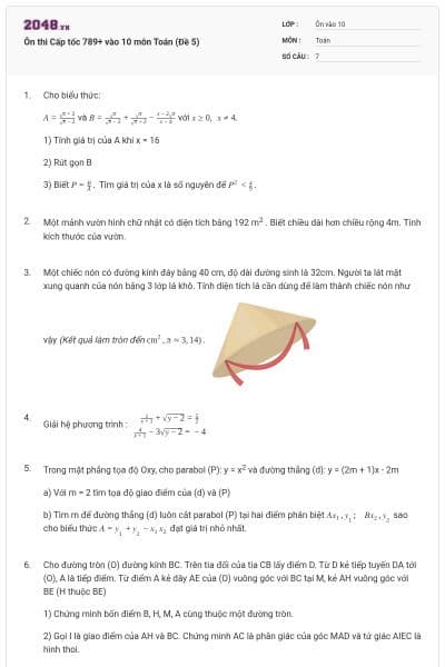 Ôn thi Cấp tốc 789+ vào 10 môn Toán (Đề 5)