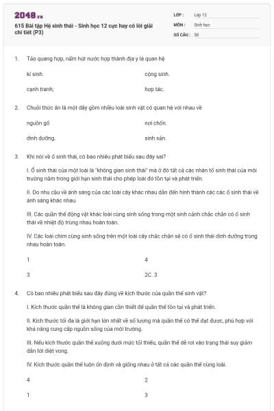 615 Bài tập Hệ sinh thái - Sinh học 12 cực hay có lời giải chi tiết (P3)