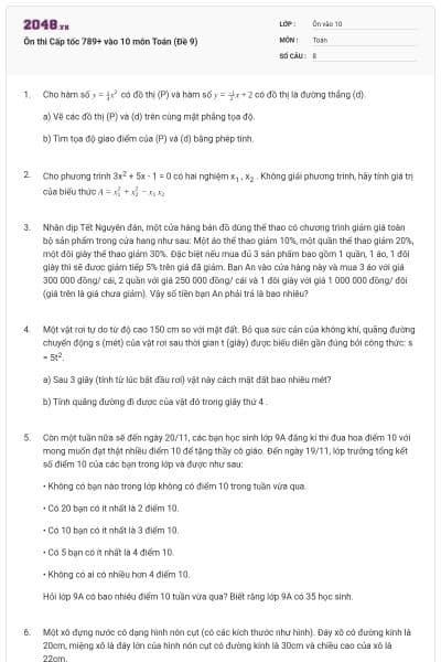 Ôn thi Cấp tốc 789+ vào 10 môn Toán (Đề 9)