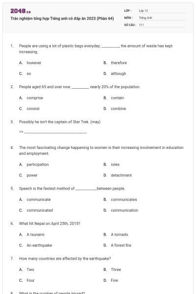 Trắc nghiệm tổng hợp Tiếng anh có đáp án 2023 (Phần 64)