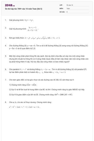Ôn thi Cấp tốc 789+ vào 10 môn Toán (Đề 5)