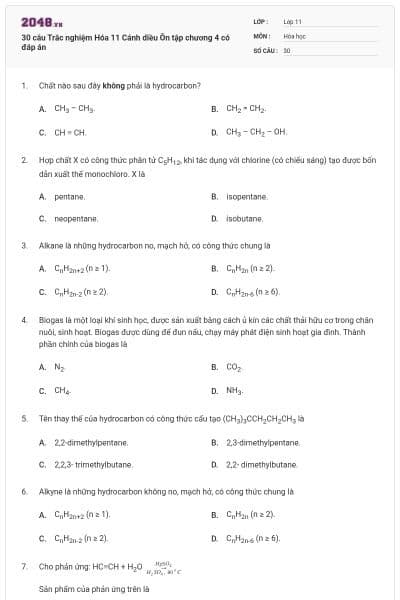 30 câu Trắc nghiệm Hóa 11 Cánh diều Ôn tập chương 4 có đáp án