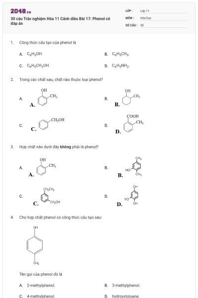 30 câu Trắc nghiệm Hóa 11 Cánh diều Bài 17: Phenol có đáp án