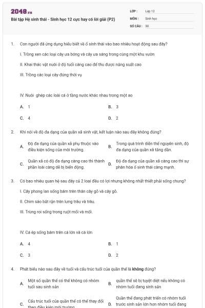 Bài tập Hệ sinh thái - Sinh học 12 cực hay có lời giải (P2)