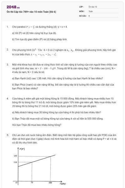 Ôn thi Cấp tốc 789+ vào 10 môn Toán (Đề 6)