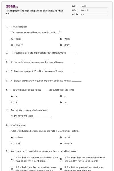 Trắc nghiệm tổng hợp Tiếng anh có đáp án 2023 ( Phần 65)