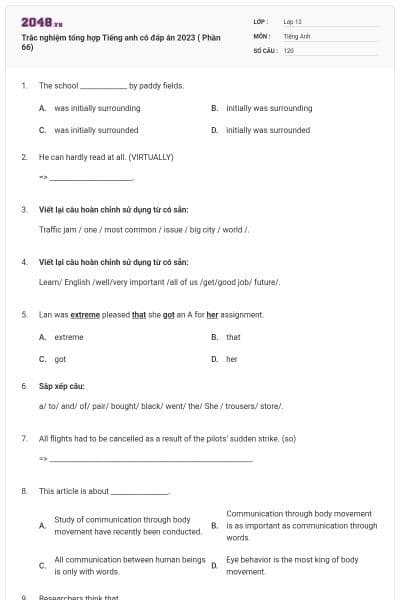 Trắc nghiệm tổng hợp Tiếng anh có đáp án 2023 ( Phần 66)