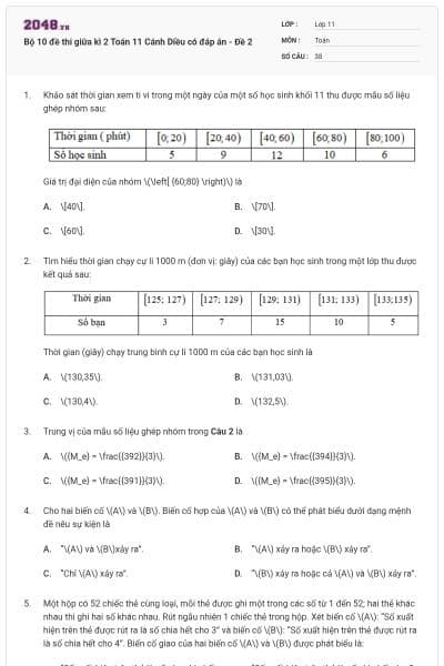 Bộ 10 đề thi giữa kì 2 Toán 11 Cánh Diều có đáp án - Đề 2