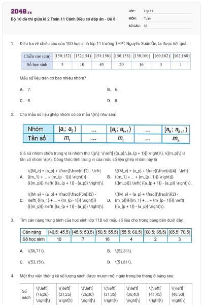 Bộ 10 đề thi giữa kì 2 Toán 11 Cánh Diều có đáp án - Đề 8