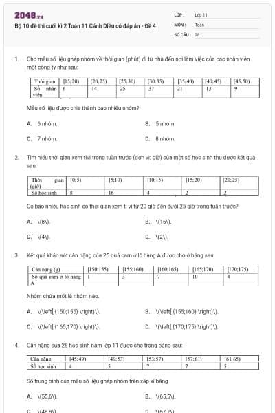 Bộ 10 đề thi cuối kì 2 Toán 11 Cánh Diều có đáp án - Đề 4