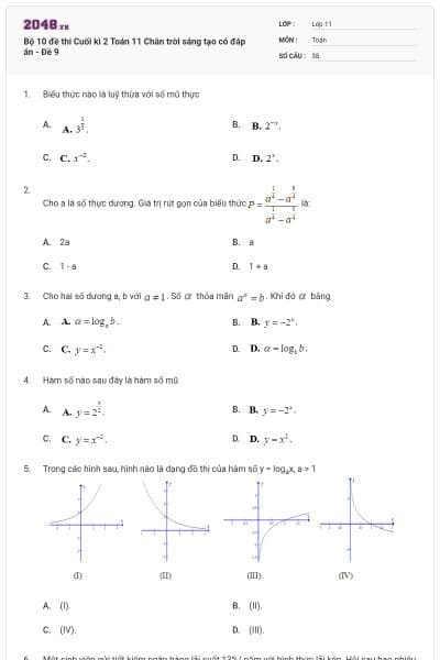 Bộ 10 đề thi Cuối kì 2 Toán 11 Chân trời sáng tạo có đáp án - Đề 9