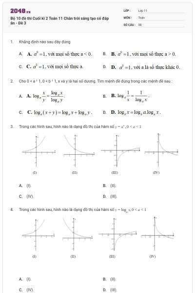 Bộ 10 đề thi Cuối kì 2 Toán 11 Chân trời sáng tạo có đáp án - Đề 3