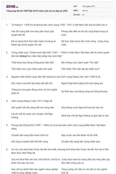 Tổng hợp Đề thi THPTQG 2019 môn Lịch sử có đáp án (P6)